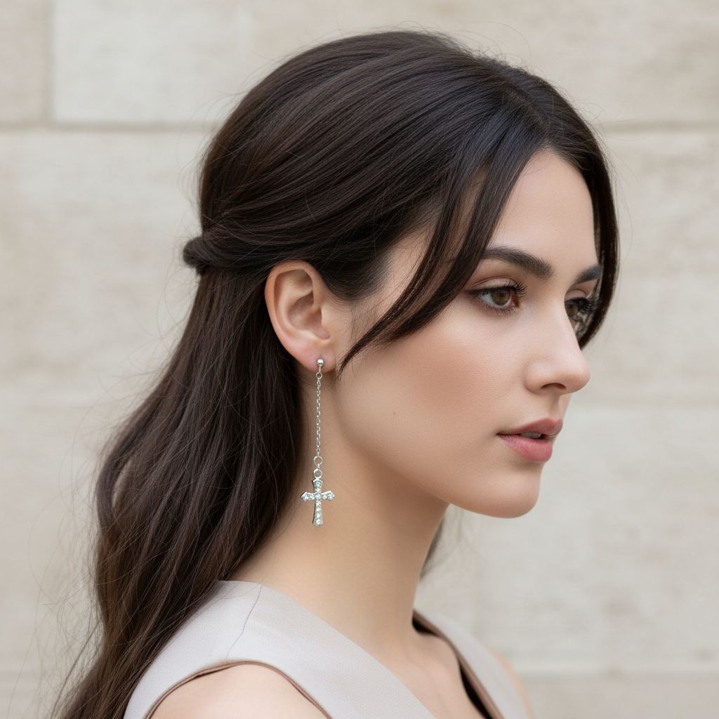 Silver and Crystal Cross Long Dangle Earrings On A Model.