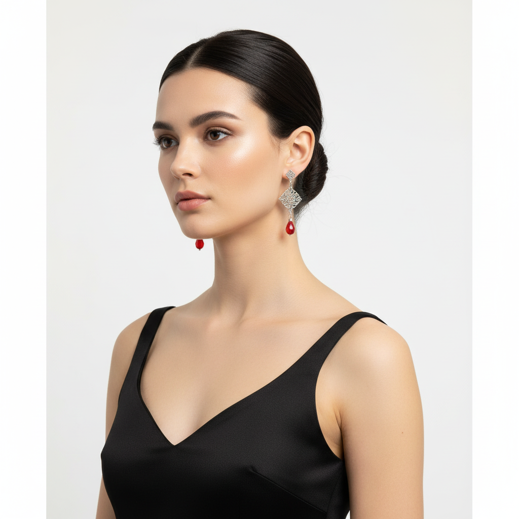 Silver and red crystal earrings on model