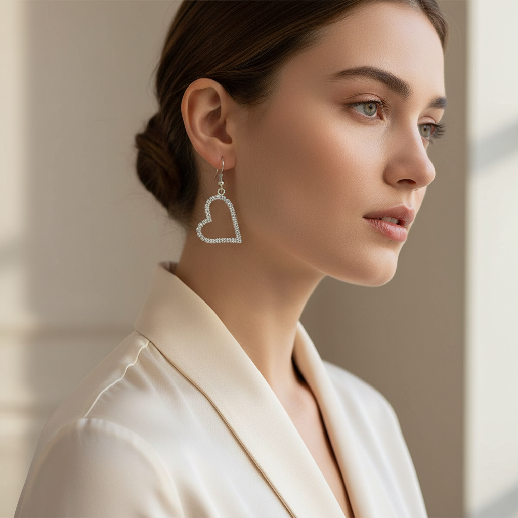 Silver and Rhinestone Sideways Heart Earrings On a Model.