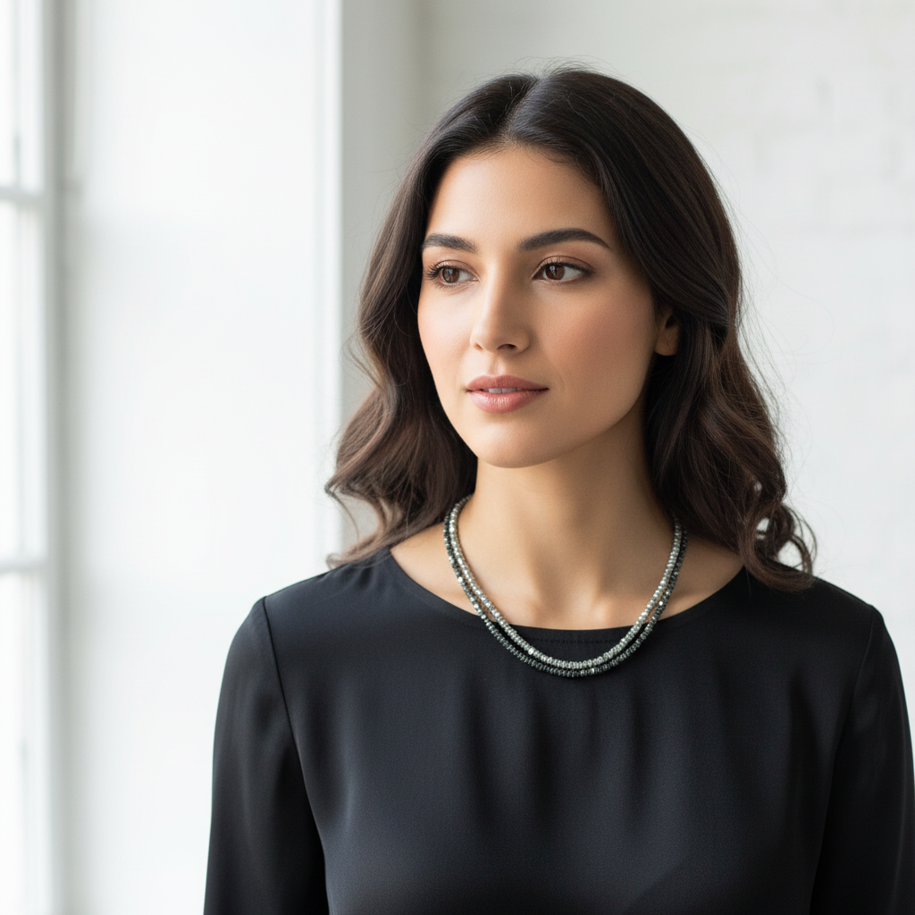 Silver & Black Hematite Layered Necklace On A Woman.