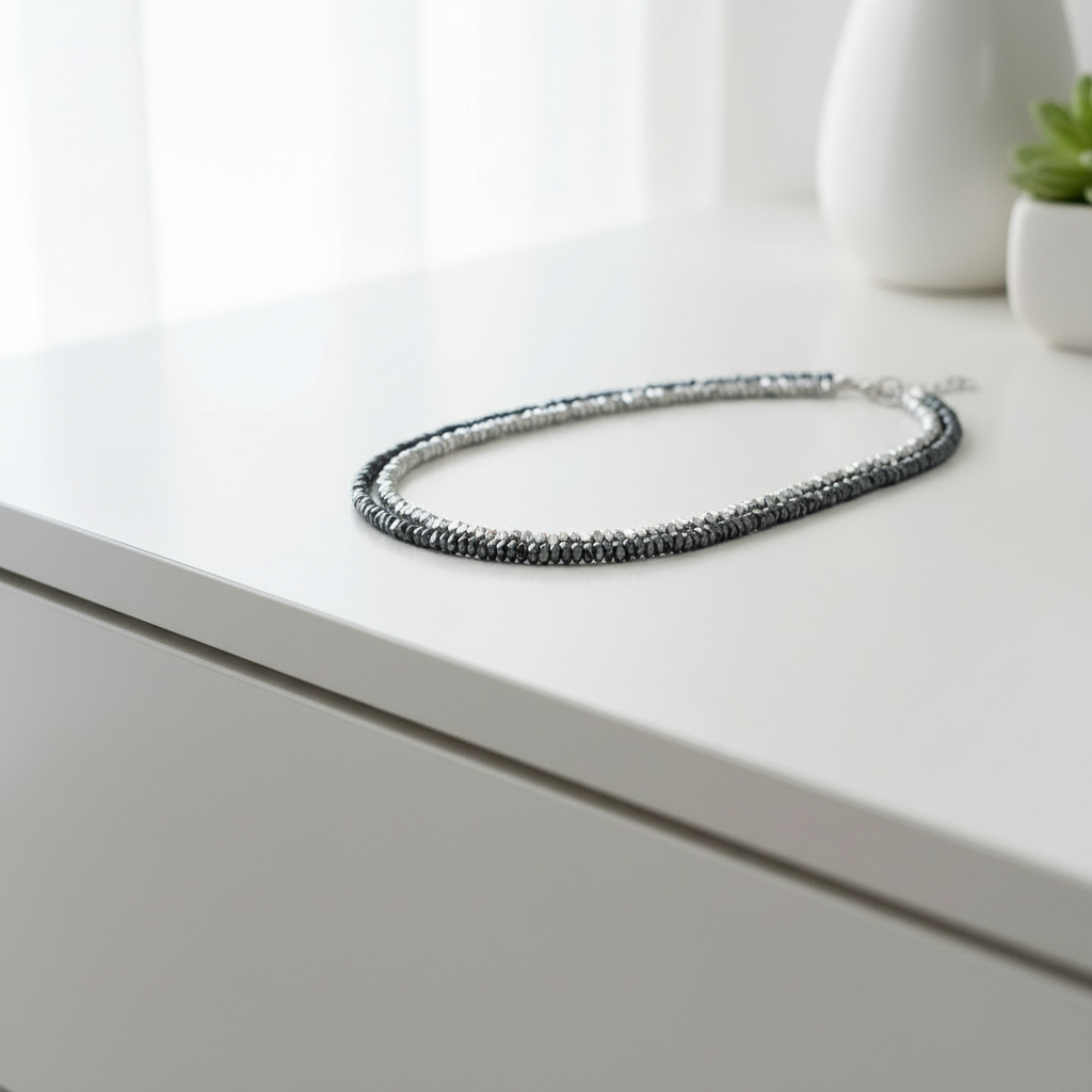 Silver & Black Hematite Necklace on White Dresser