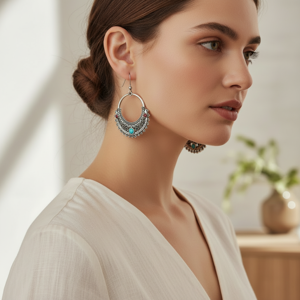 Silver Bohemian Hoop Earrings on a Model.