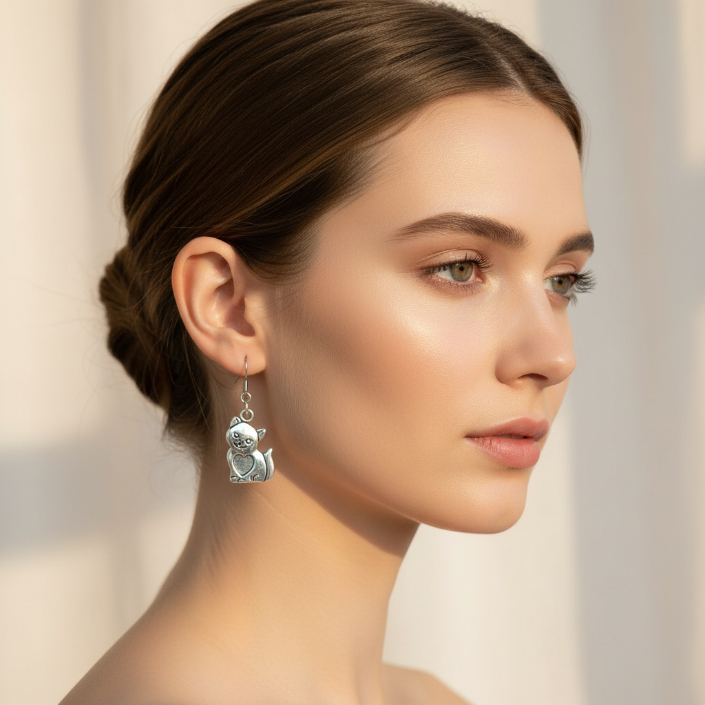 Silver Cat Dangle Earrings On A Model.
