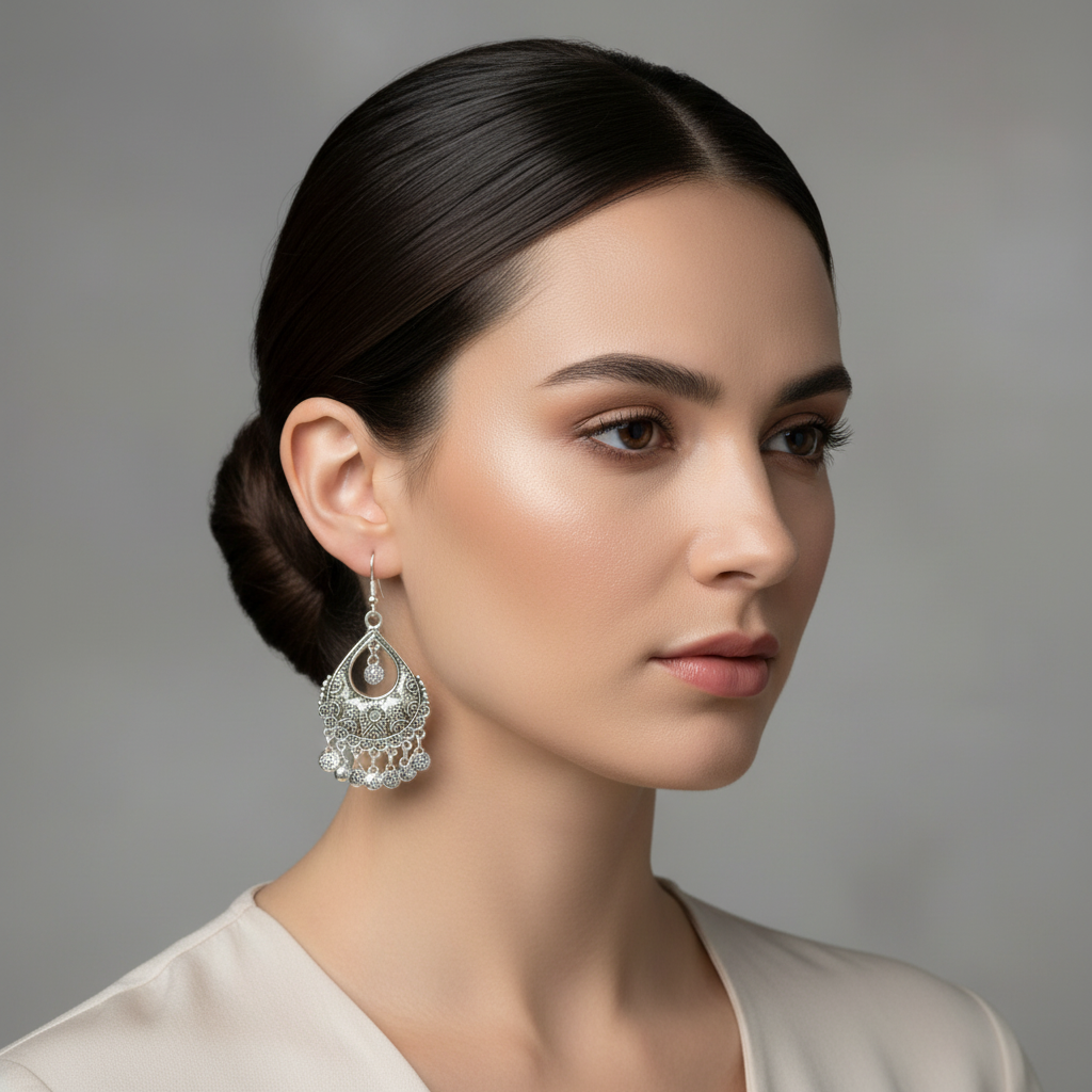 Silver Crescent Earrings on Model