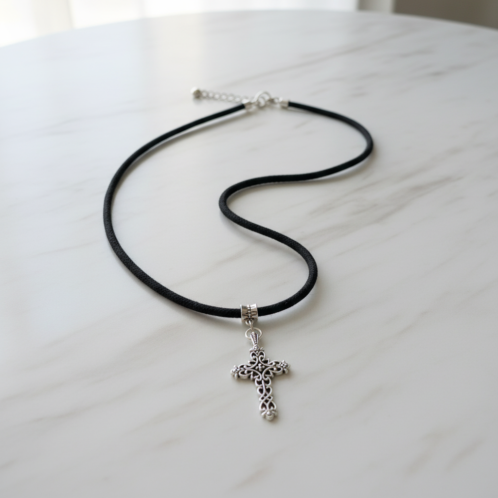 Silver Cross Black Choker On A Table