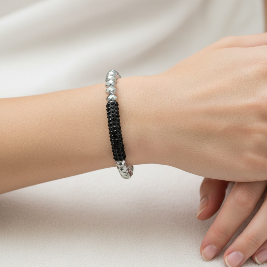 Silver Crystal Beaded Bracelet On A Wrist