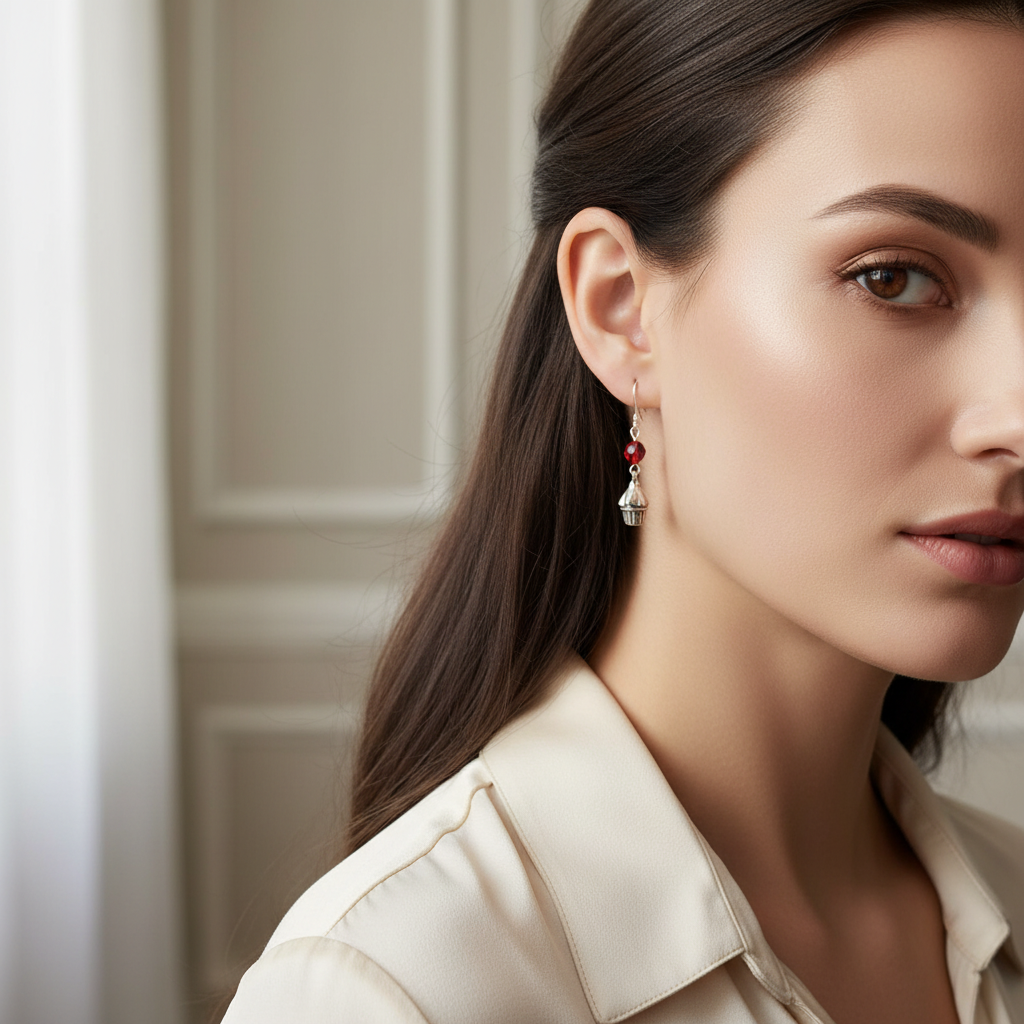 Silver Cupcake Earrings On A Woman