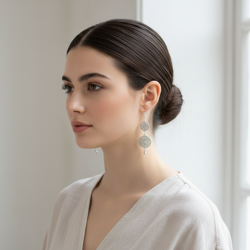 Silver Double Disc Drop Earrings on Model