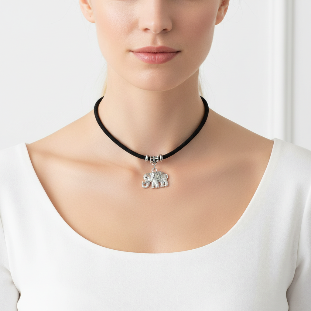 Silver Elephant Choker On A Woman Model