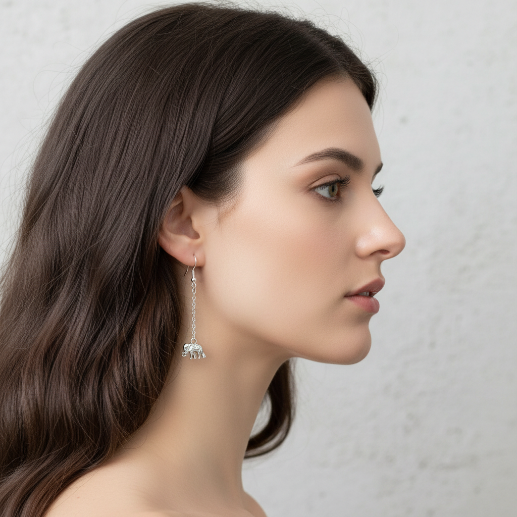 Silver Elephant Earrings on Model