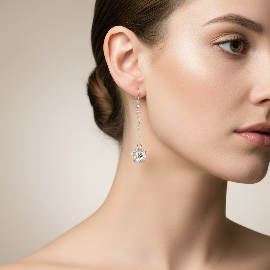 Silver Flower Dangle Earrings on Model.