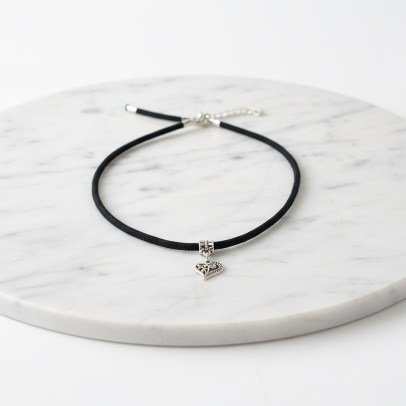 Silver heart charm black cord choker necklace for women
