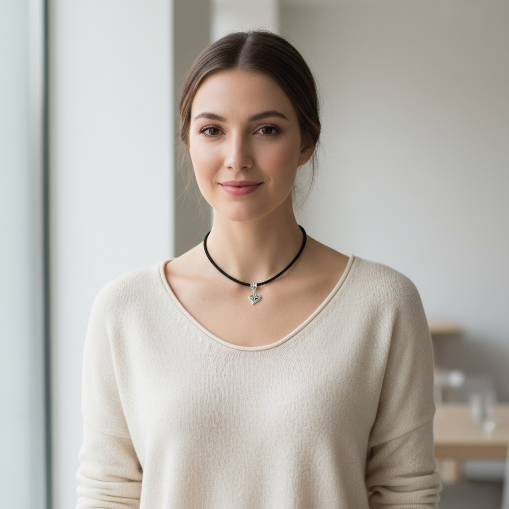 Silver Heart Choker On A Woman.