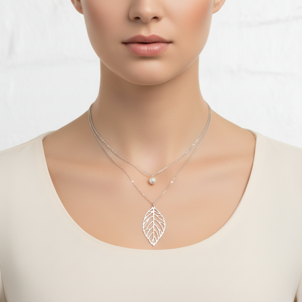 Silver Layered Leaf & Pearl Necklace on Woman