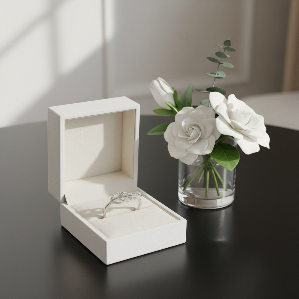 Silver Leaf Ring in Jewelry Box