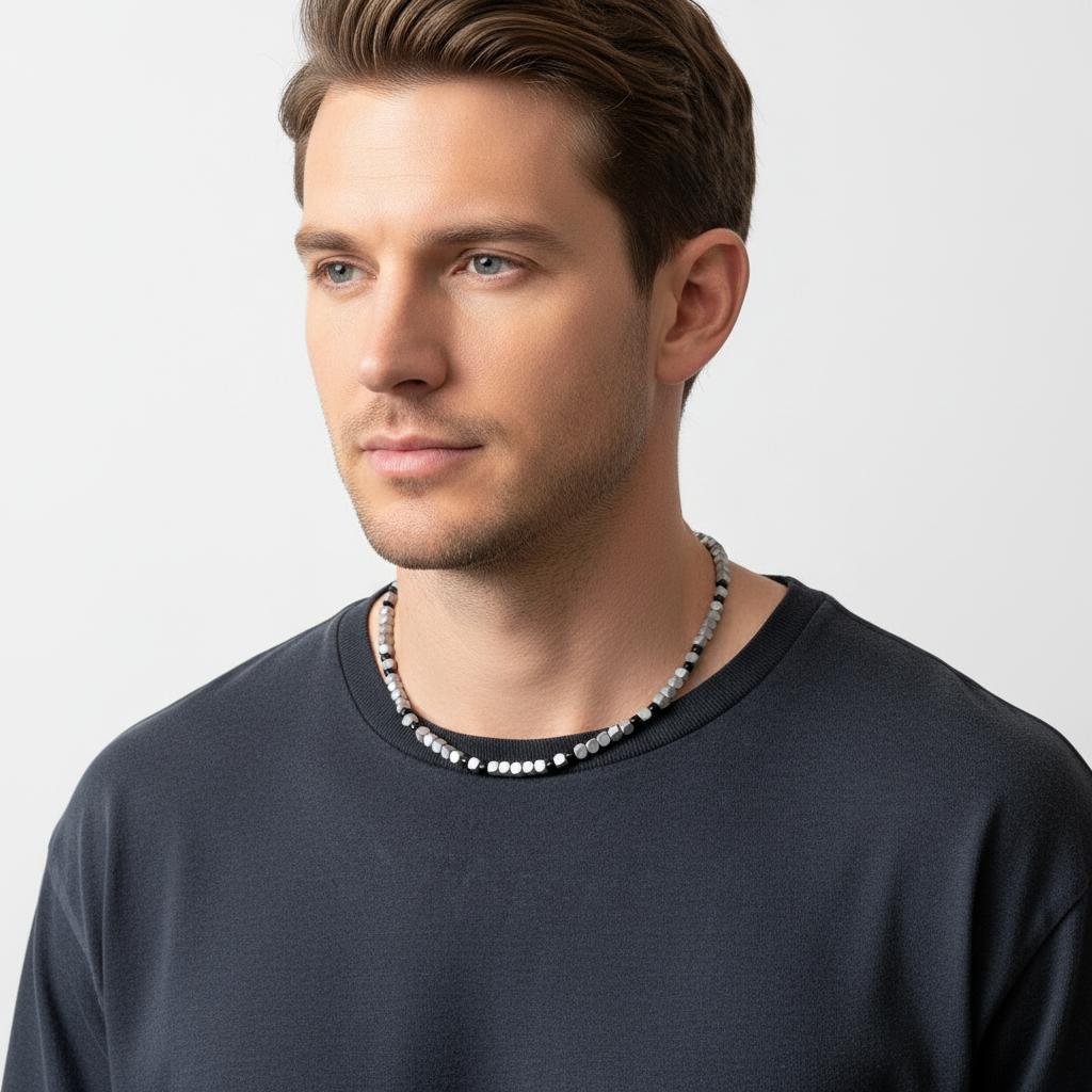Silver Matte Hexcut and Black Onyx Necklace On a Man.