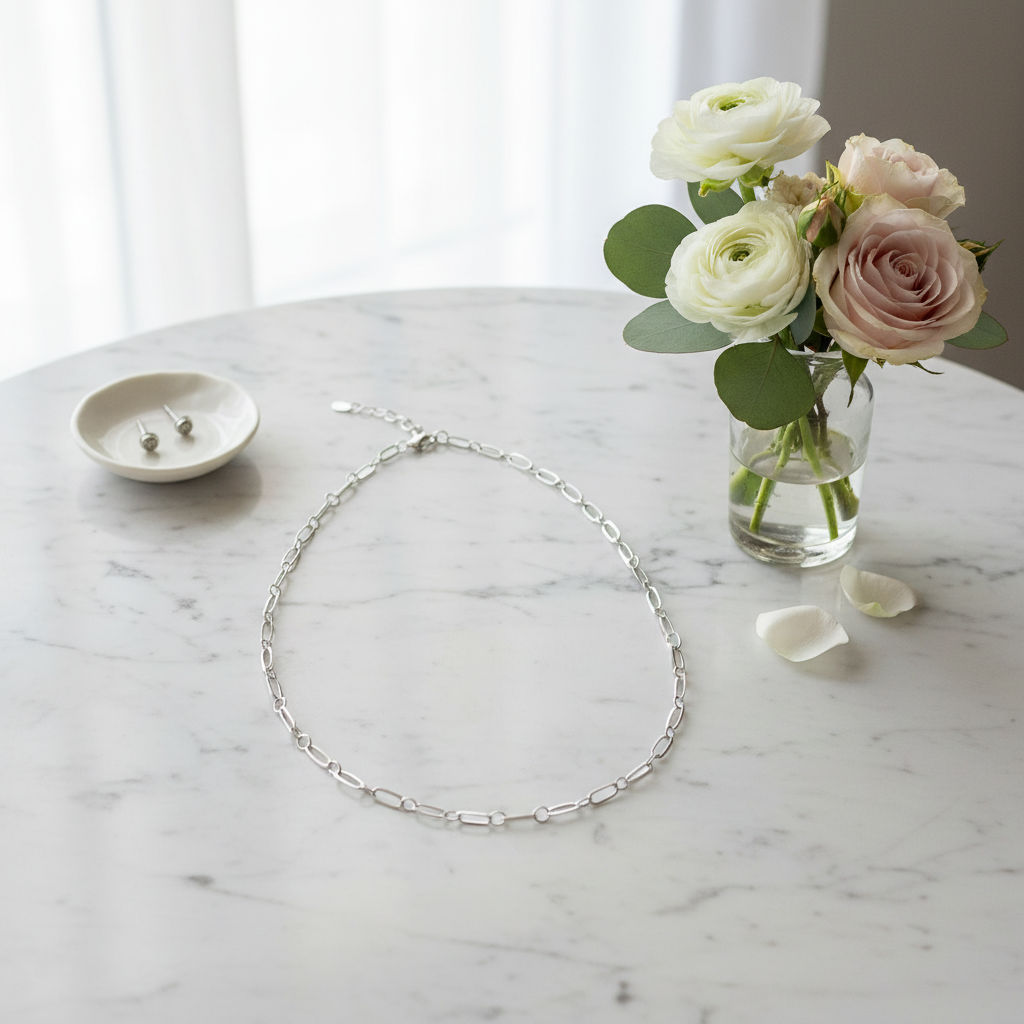 Silver Paperclip Necklace on Table with Flowers