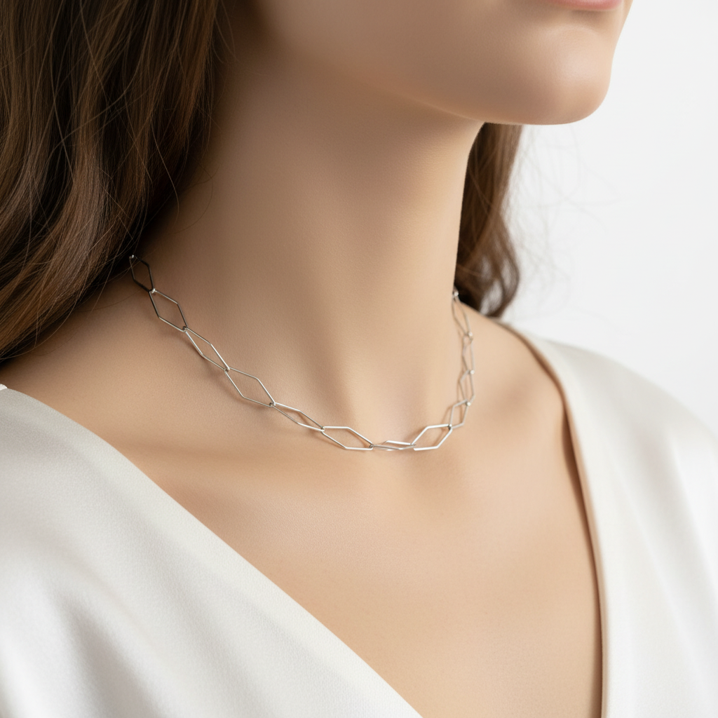 Silver Rhombus Paperclip Chain Necklace On a Woman Model