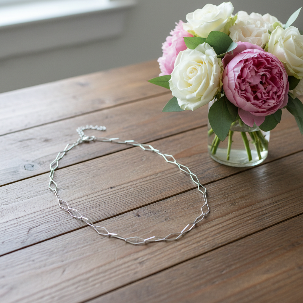 Silver Rhombus Paperclip Chain Necklace.
