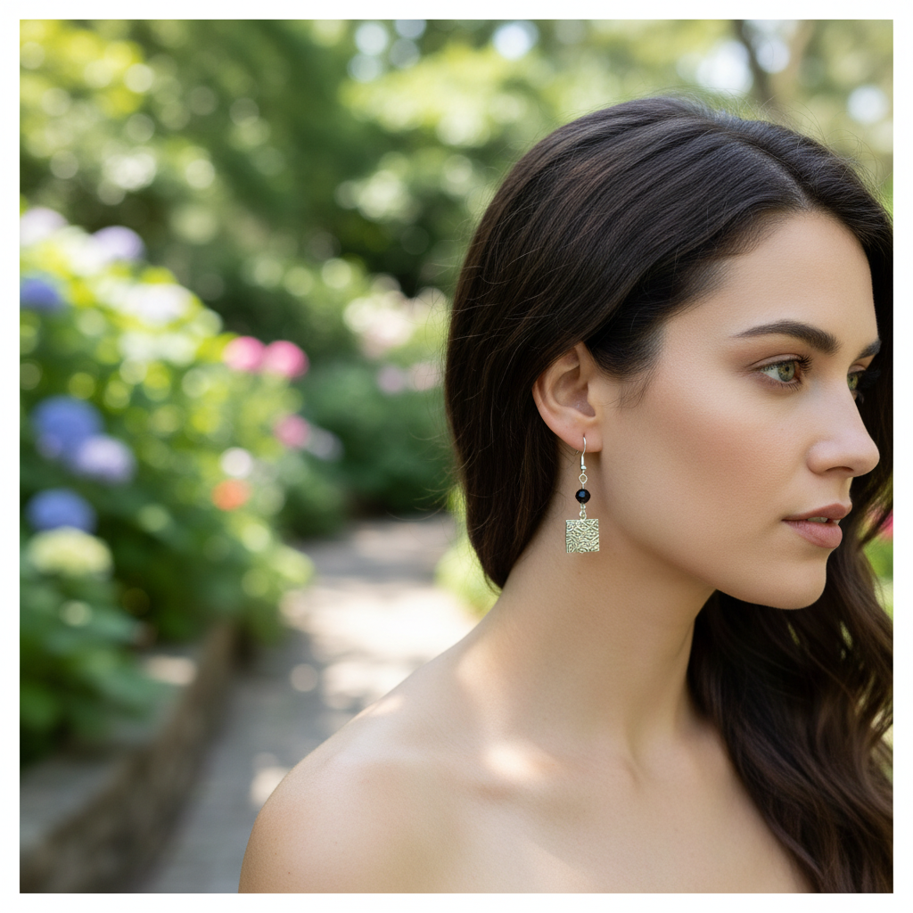 Silver Square and Black Crystal Earrings Outdoor Lifestyle