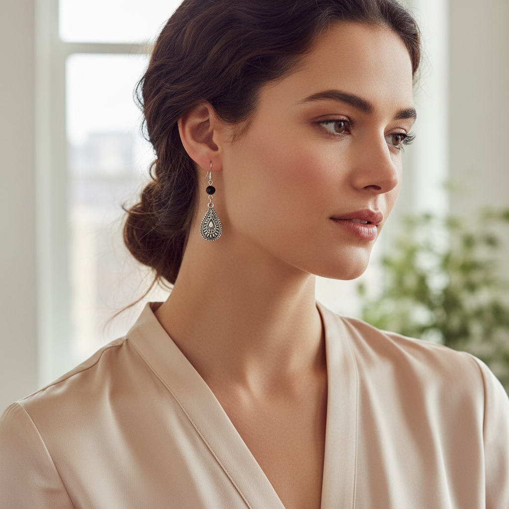 Silver Teardrop and Black Crystal Drop Earrings On Model.