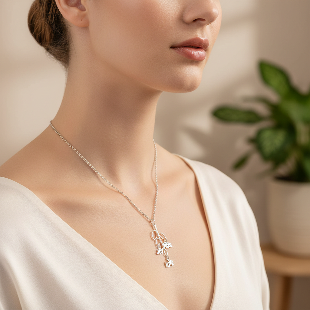 Silver Tree Branch Necklace On a Model.