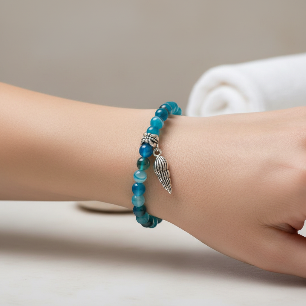 Sky Blue Fire Agate Beaded Bracelet On A Wrist