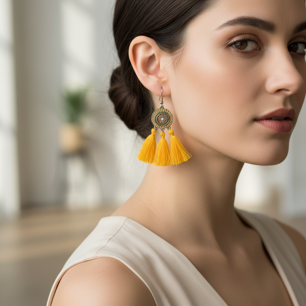 Yellow Tassel Dangle Earrings On a Model.