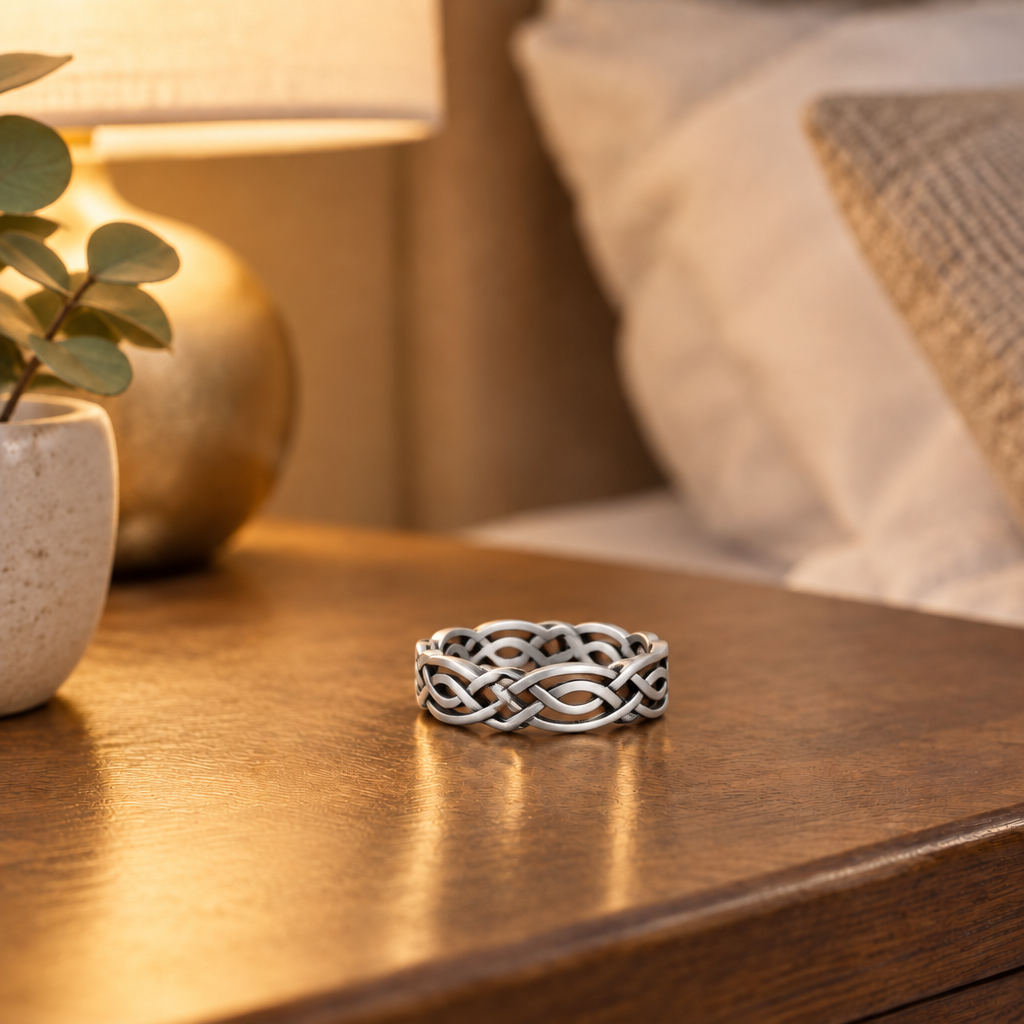 Celtic twisted ring laid flat on the nightstand