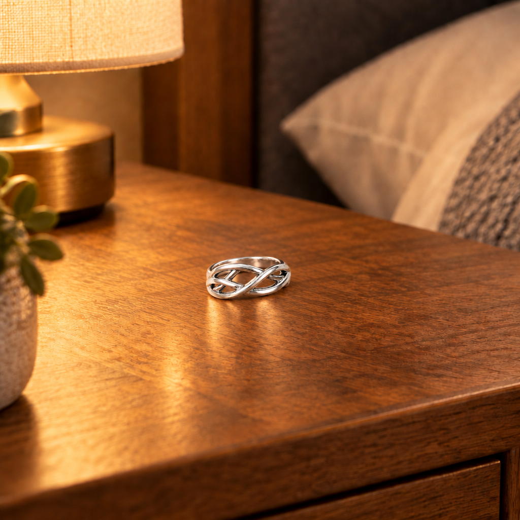 Sterling Silver Celtic Ring laid flat on a nightstand