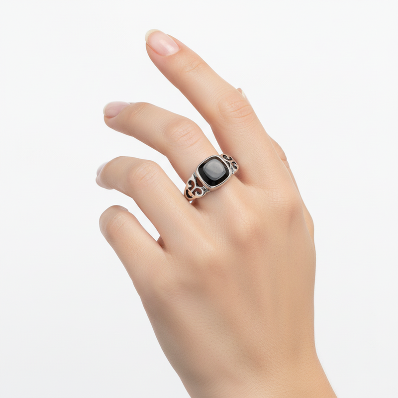 Square Black Onyx Ring On a hand.