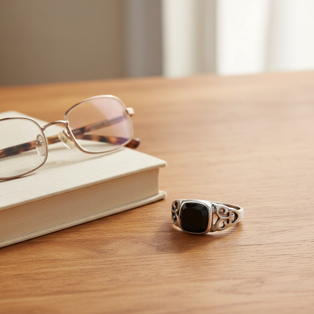 Square Black Onyx Ring On a Table