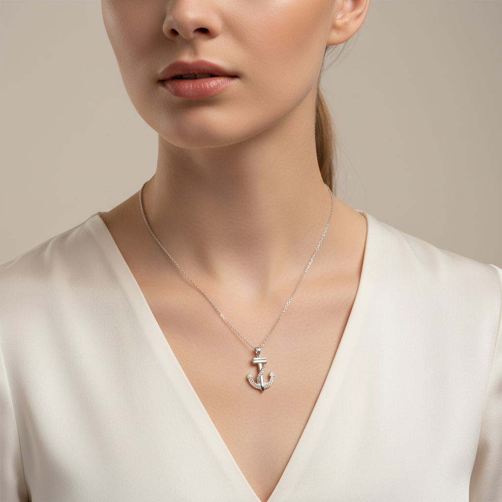 Sterling Silver Anchor Necklace On A Woman.