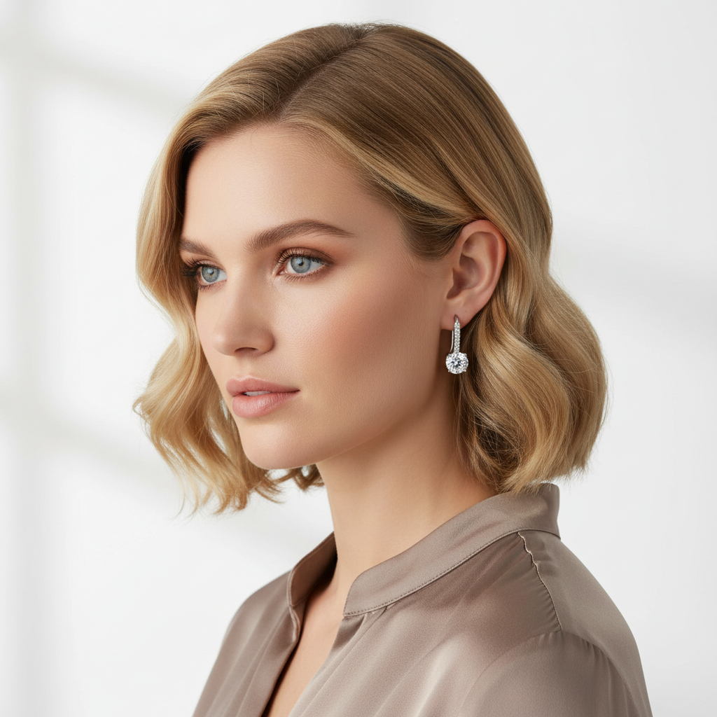 Sterling Silver and Cubic Zirconia Drop Earrings on a Model.