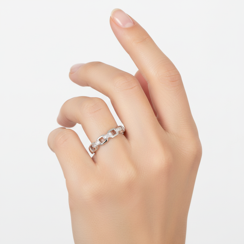 Sterling Silver and CZ Chain Link Ring On A Hand.