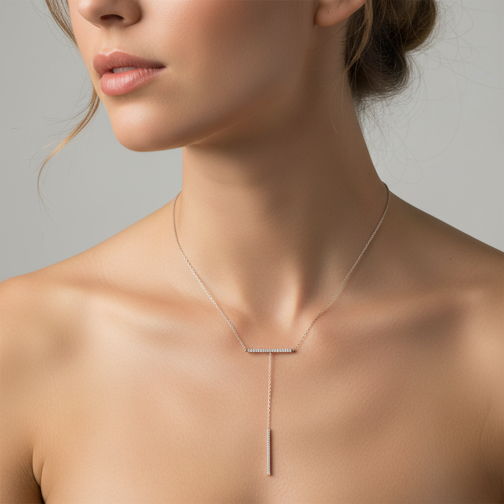 Sterling Silver and CZ Double Bar Necklace On A Woman.