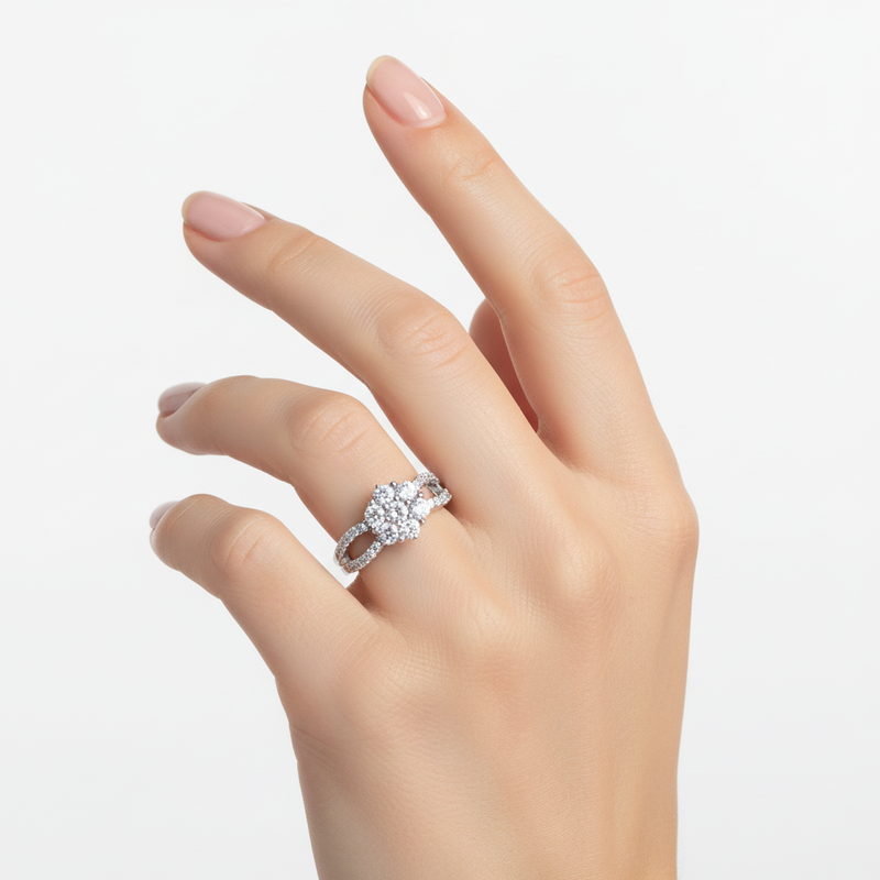 Sterling Silver and CZ Flower Ring On A Hand.