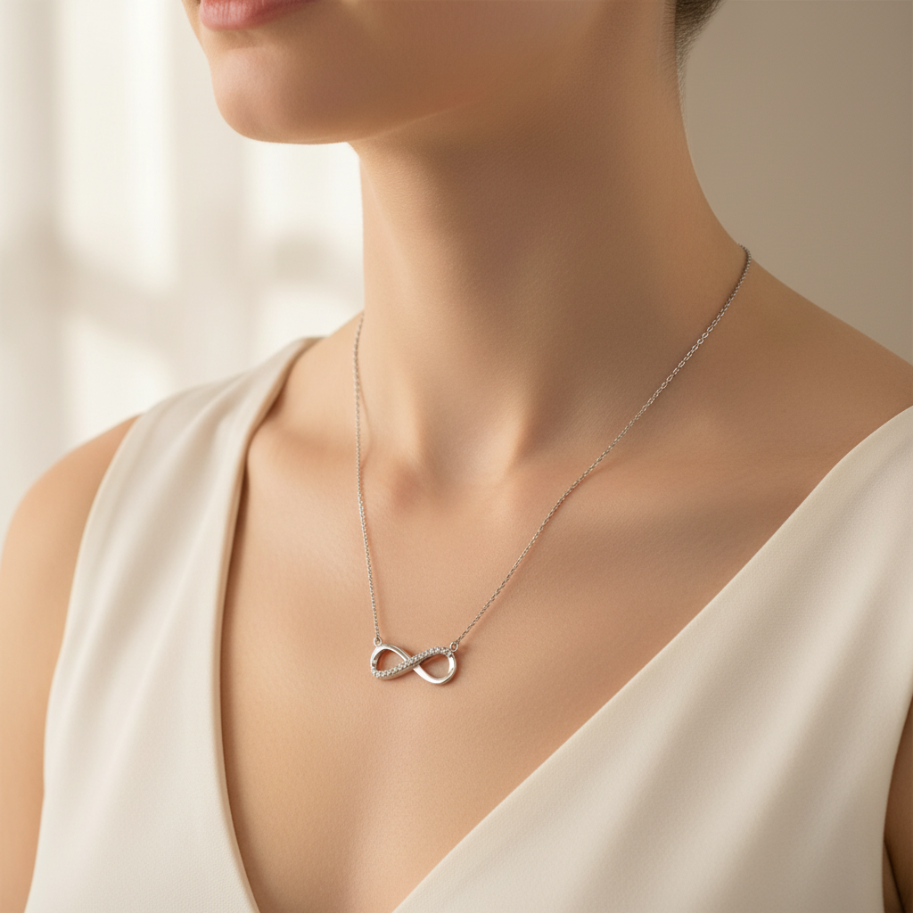 Sterling Silver and CZ Infinity Necklace On A Woman.