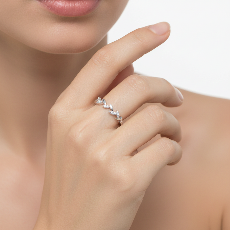 Sterling Silver and CZ Leaf Vine Ring On A Hand.