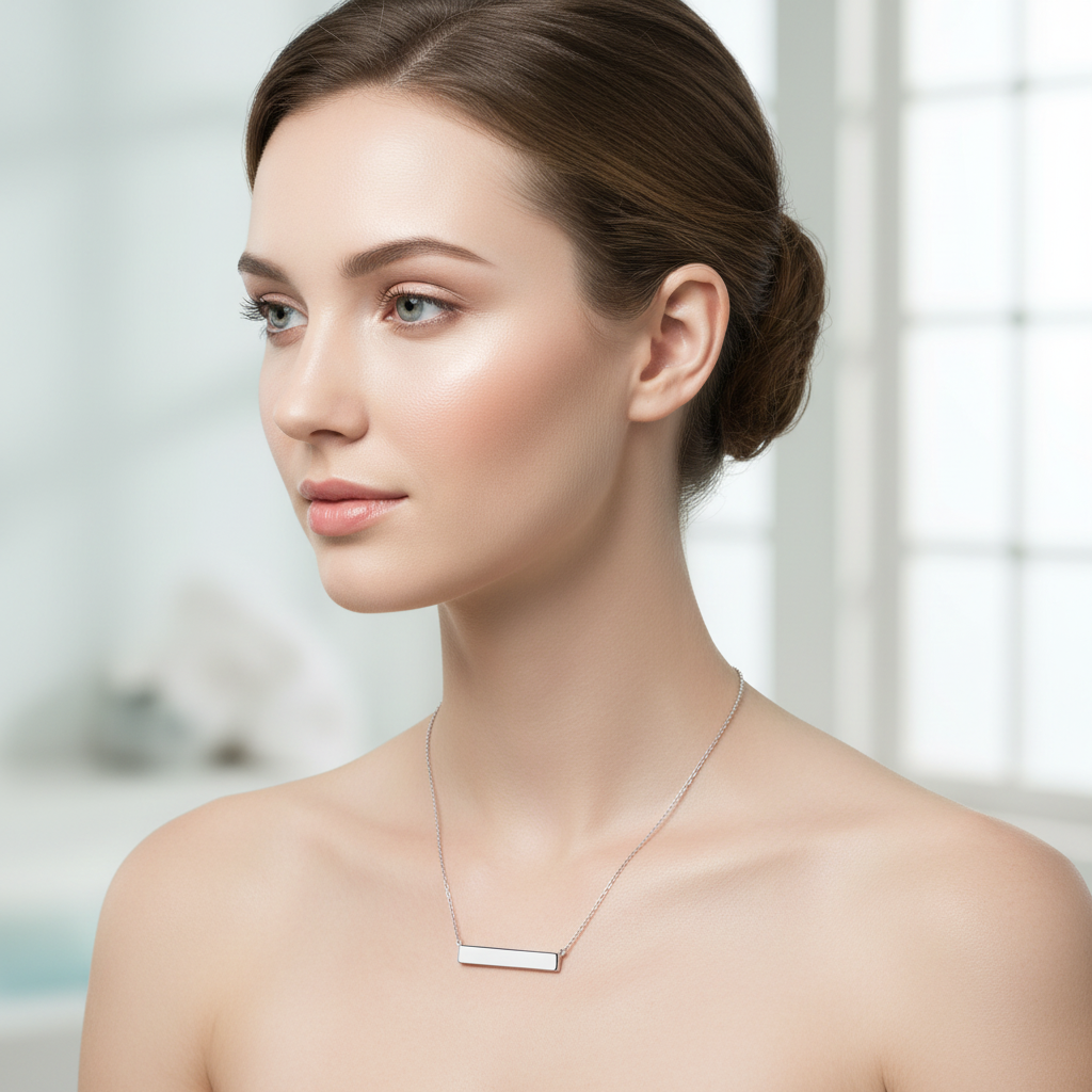 Sterling Silver Bar Necklace On A Woman.