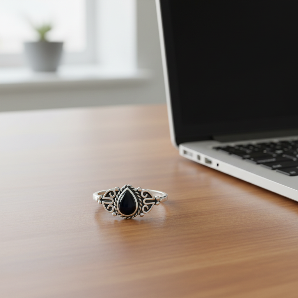Sterling Silver Black Onyx Teardrop Ring - Desk Lifestyle