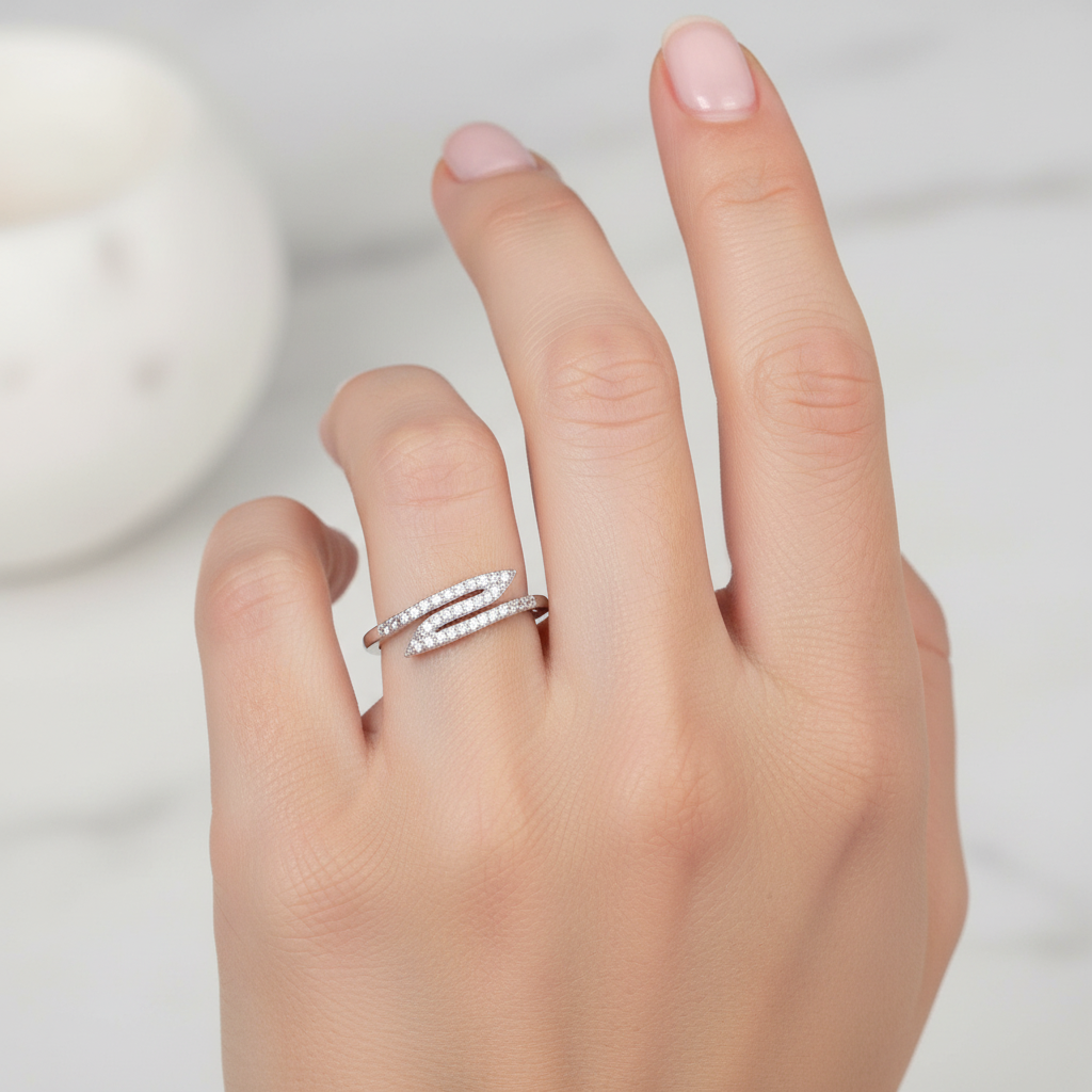 Sterling Silver Bolt CZ Ring On A hand.