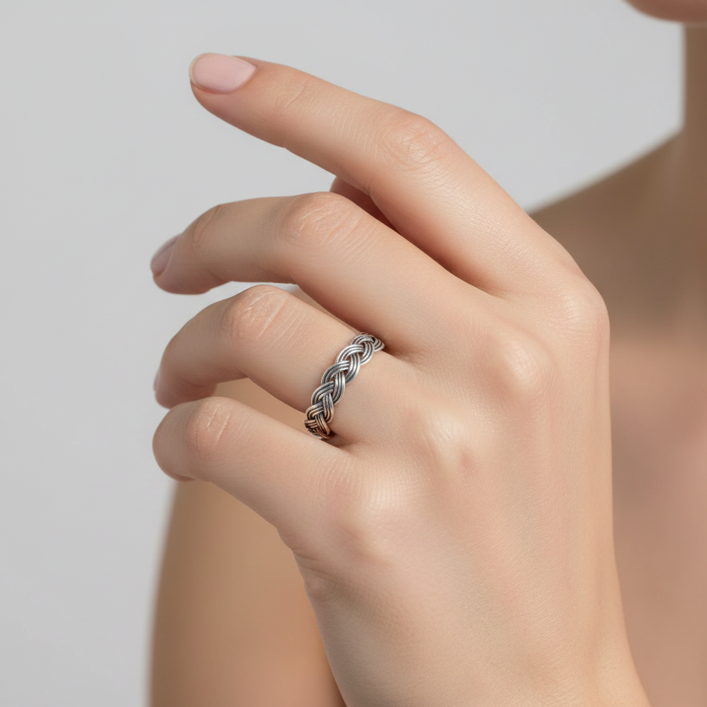 Sterling Silver Braided Ring On A hand.