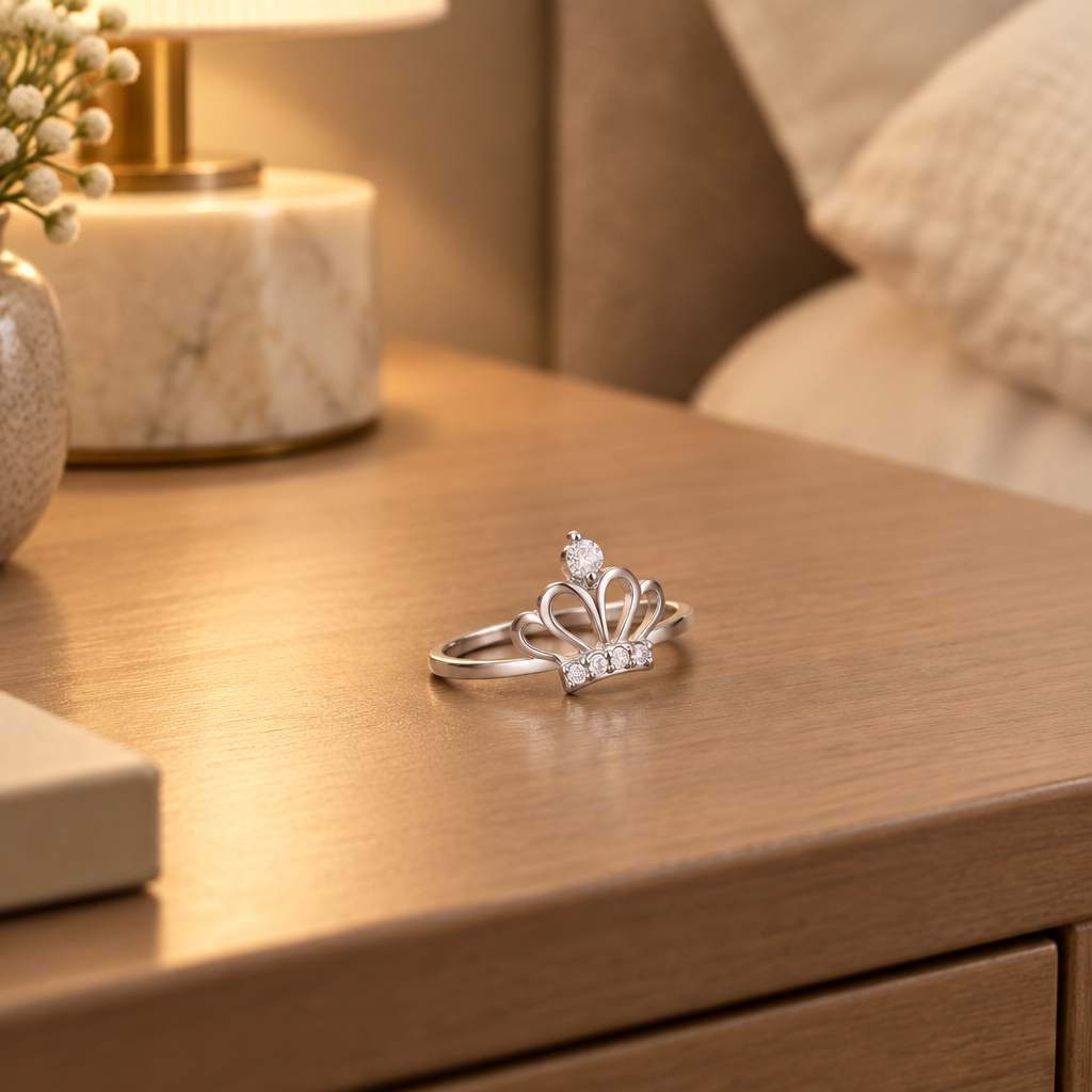 Sterling silver crown ring lying flat on a nightstand