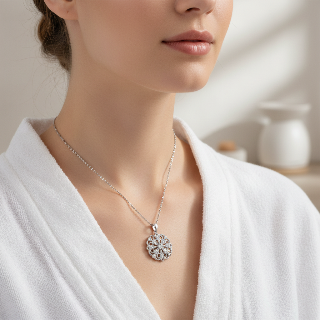 Sterling Silver CZ Flower Filigree Pendant Lifestyle