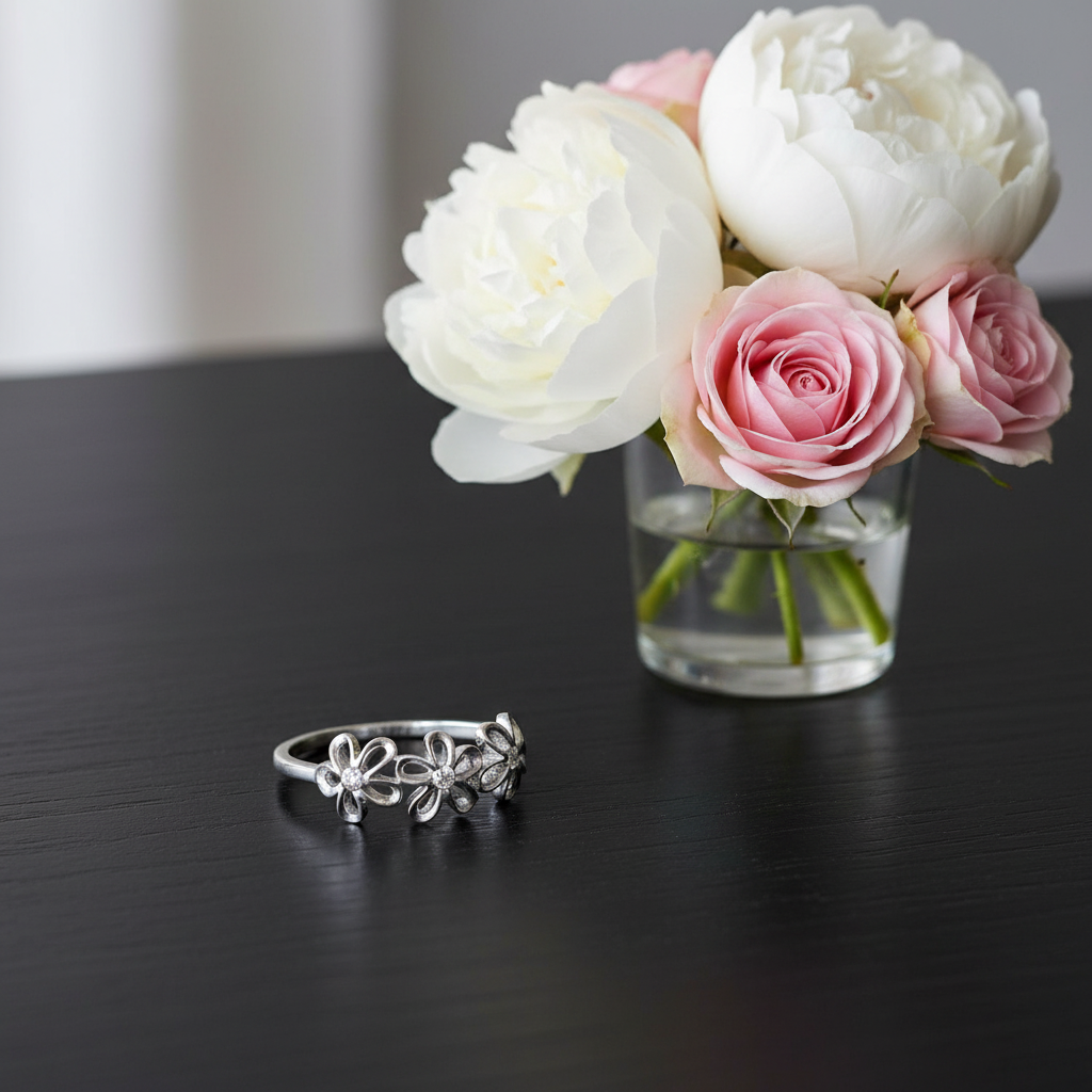 Sterling Silver CZ Flower Ring on Black Table