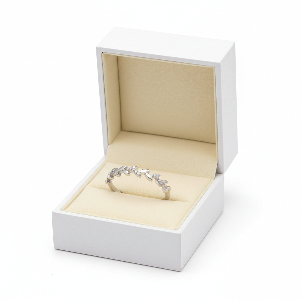 Sterling Silver CZ Leaf Vine Ring in Jewelry Box