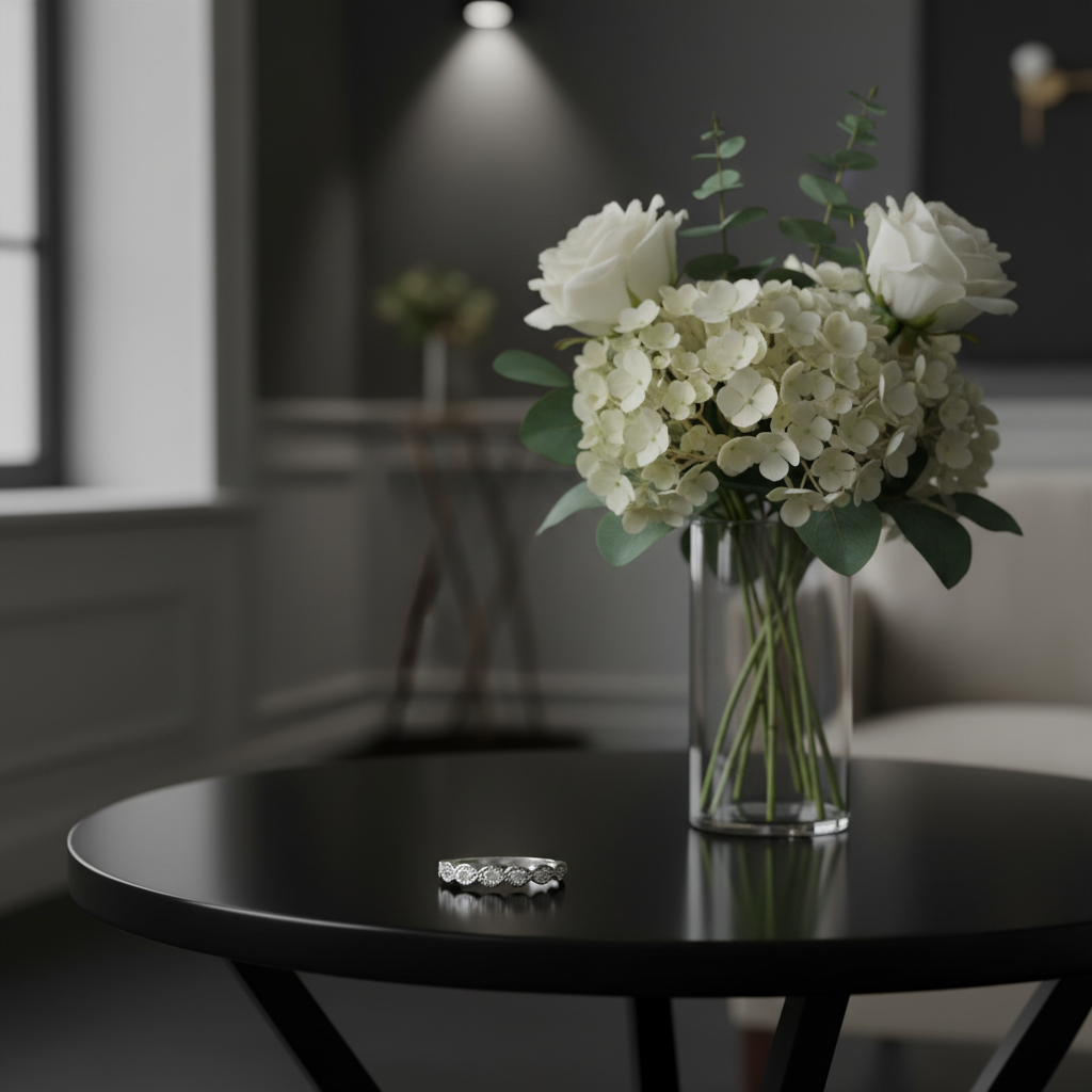 Sterling Silver CZ Ring on Black Table with Flowers