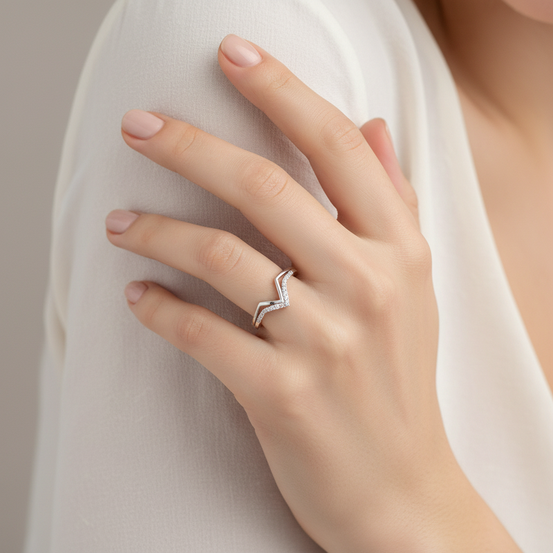 Sterling Silver Double V CZ Ring On A womans hand.