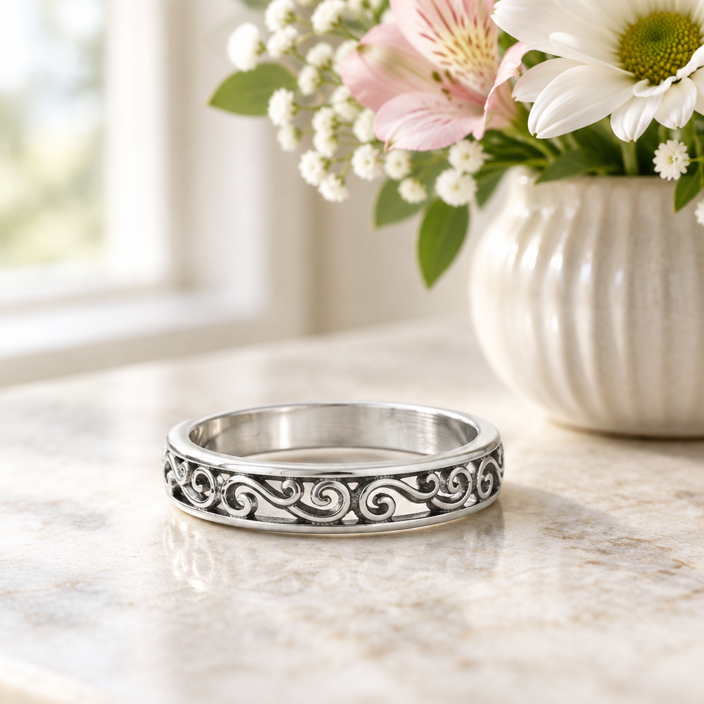Sterling Silver Filigree Ring Band beside a flower vase